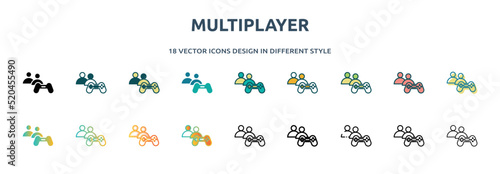 multiplayer icon in 18 different styles such as thin line, thick line, two color, glyph, colorful, lineal color, detailed, stroke and gradient. set of multiplayer vector for web, mobile, ui