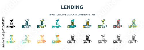 lending icon in 18 different styles such as thin line, thick line, two color, glyph, colorful, lineal color, detailed, stroke and gradient. set of lending vector for web, mobile, ui