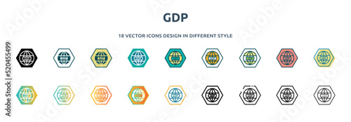 gdp icon in 18 different styles such as thin line, thick line, two color, glyph, colorful, lineal color, detailed, stroke and gradient. set of gdp vector for web, mobile, ui photo