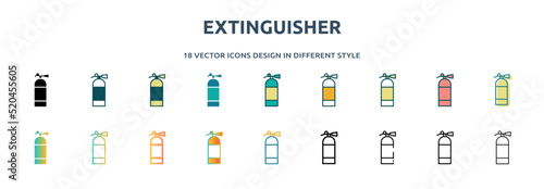 extinguisher icon in 18 different styles such as thin line, thick line, two color, glyph, colorful, lineal color, detailed, stroke and gradient. set of extinguisher vector for web, mobile, ui