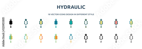hydraulic icon in 18 different styles such as thin line, thick line, two color, glyph, colorful, lineal color, detailed, stroke and gradient. set of hydraulic vector for web, mobile, ui