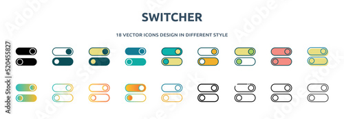 switcher icon in 18 different styles such as thin line, thick line, two color, glyph, colorful, lineal color, detailed, stroke and gradient. set of switcher vector for web, mobile, ui