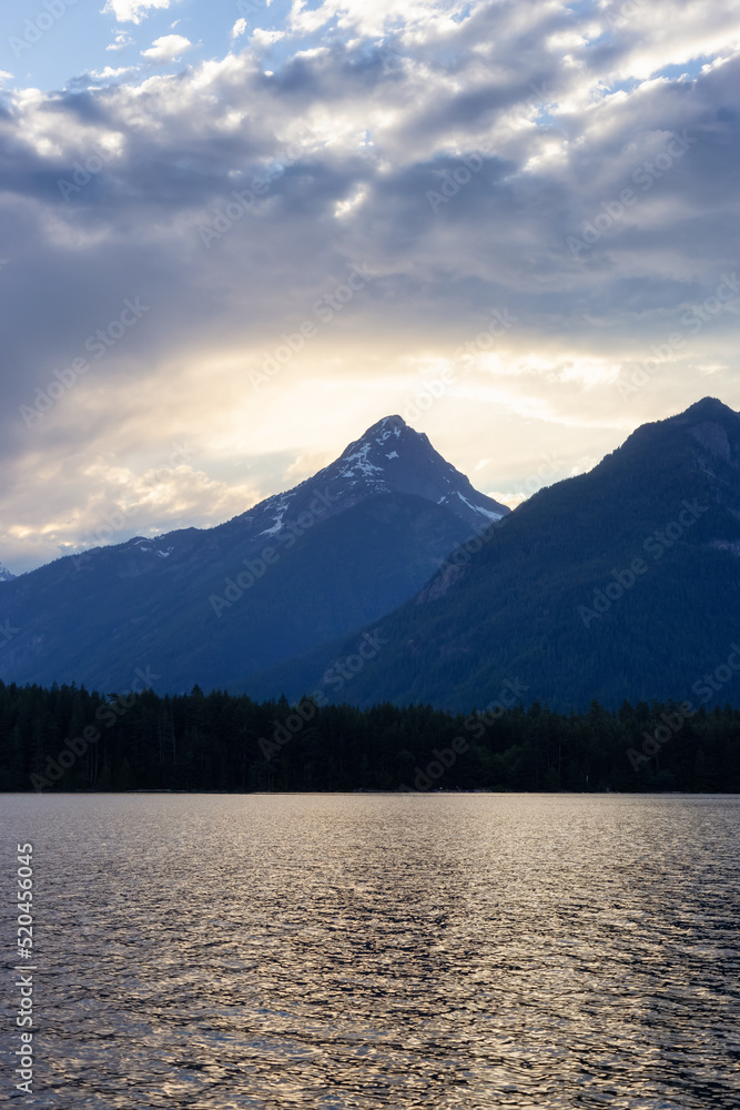 Lake, trees and mountains in Canadian Landscape. Chilliwack Lake, British Columbia, Canada. Nature Background.