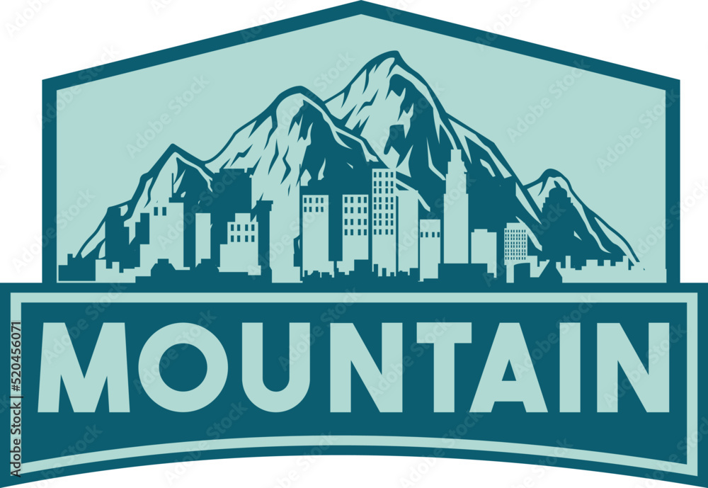 Obraz premium Mountain logo with city silhouette.Mountain tourism. vector pennant, emblem, logo, label, flyer.