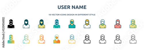 user name icon in 18 different styles such as thin line, thick line, two color, glyph, colorful, lineal color, detailed, stroke and gradient. set of user name vector for web, mobile, ui