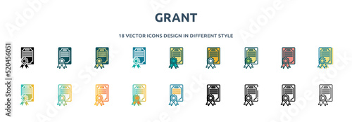 grant icon in 18 different styles such as thin line, thick line, two color, glyph, colorful, lineal color, detailed, stroke and gradient. set of grant vector for web, mobile, ui