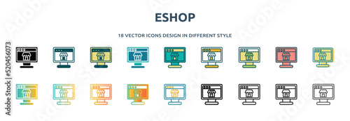 eshop icon in 18 different styles such as thin line, thick line, two color, glyph, colorful, lineal color, detailed, stroke and gradient. set of eshop vector for web, mobile, ui