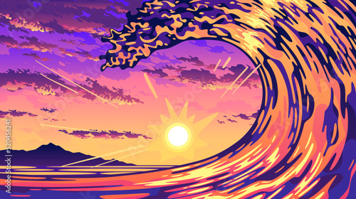 Sunset Ocean Waves Landscape Illustration