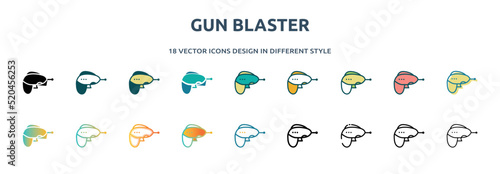 gun blaster icon in 18 different styles such as thin line, thick line, two color, glyph, colorful, lineal color, detailed, stroke and gradient. set of gun blaster vector for web, mobile, ui