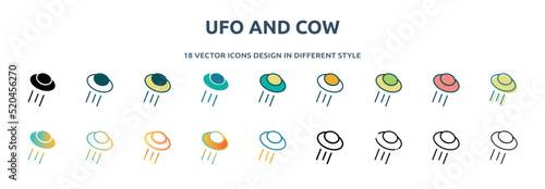 ufo and cow icon in 18 different styles such as thin line, thick line, two color, glyph, colorful, lineal color, detailed, stroke and gradient. set of ufo and cow vector for web, mobile, ui