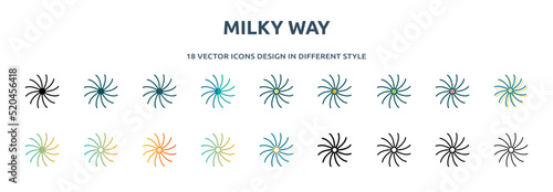 milky way icon in 18 different styles such as thin line, thick line, two color, glyph, colorful, lineal color, detailed, stroke and gradient. set of milky way vector for web, mobile, ui