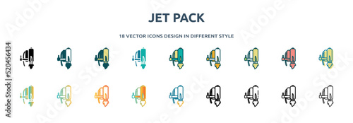jet pack icon in 18 different styles such as thin line, thick line, two color, glyph, colorful, lineal color, detailed, stroke and gradient. set of jet pack vector for web, mobile, ui