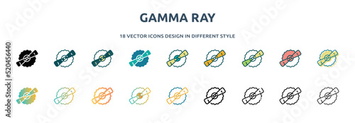 gamma ray icon in 18 different styles such as thin line, thick line, two color, glyph, colorful, lineal color, detailed, stroke and gradient. set of gamma ray vector for web, mobile, ui
