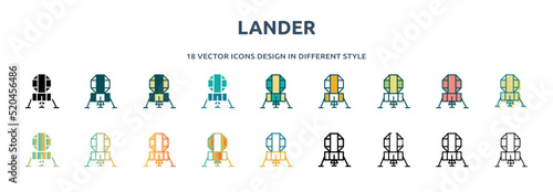 lander icon in 18 different styles such as thin line, thick line, two color, glyph, colorful, lineal color, detailed, stroke and gradient. set of lander vector for web, mobile, ui
