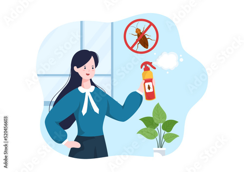 Pest Control Service with Exterminator of Insects, Sprays and House Hygiene Disinfection in Flat Cartoon Background Illustration