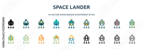 space lander icon in 18 different styles such as thin line, thick line, two color, glyph, colorful, lineal color, detailed, stroke and gradient. set of space lander vector for web, mobile, ui
