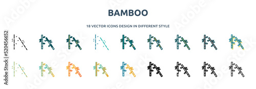 bamboo icon in 18 different styles such as thin line, thick line, two color, glyph, colorful, lineal color, detailed, stroke and gradient. set of bamboo vector for web, mobile, ui