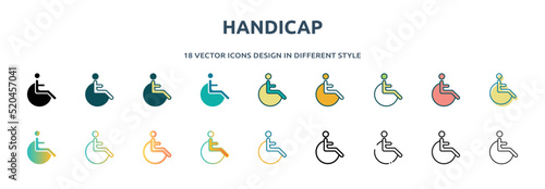 handicap icon in 18 different styles such as thin line, thick line, two color, glyph, colorful, lineal color, detailed, stroke and gradient. set of handicap vector for web, mobile, ui
