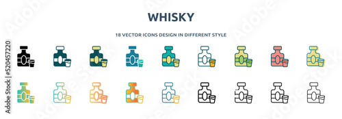 whisky icon in 18 different styles such as thin line, thick line, two color, glyph, colorful, lineal color, detailed, stroke and gradient. set of whisky vector for web, mobile, ui
