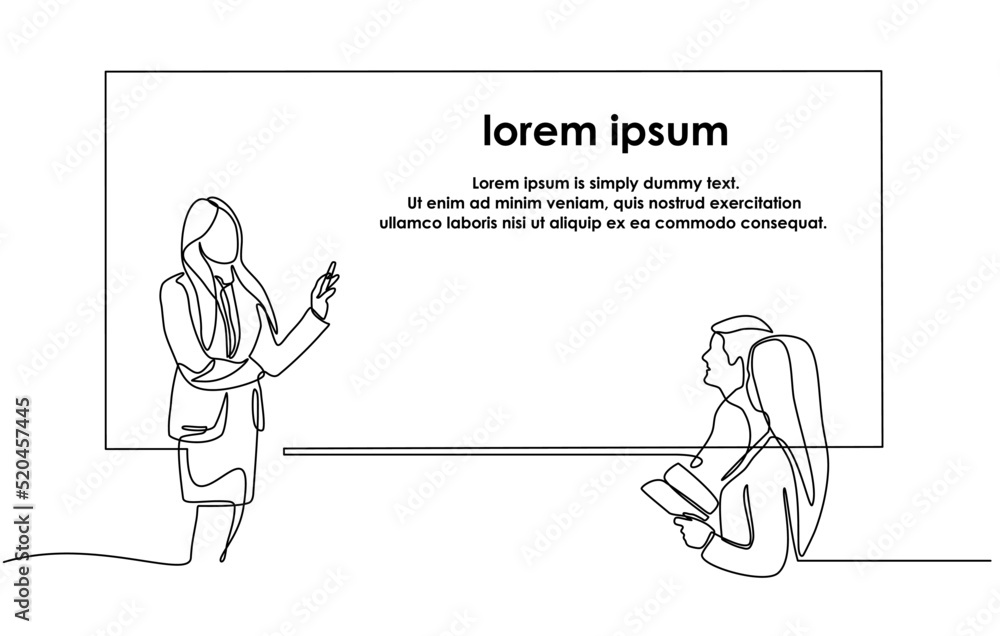 Continuous one line drawing of woman explaining graphic of marketing executive with group of business people discussing in conference room. Creative business team brainstorming project in doodle style Continuous one line drawing of woman explaining graphic of marketing executive with group of business people discussing in conference room. Creative business team brainstorming project in doodle style