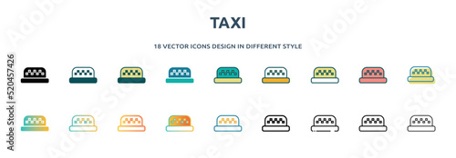 taxi icon in 18 different styles such as thin line, thick line, two color, glyph, colorful, lineal color, detailed, stroke and gradient. set of taxi vector for web, mobile, ui