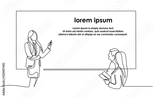 Continuous one line drawing of woman explaining graphic of marketing executive with group of business people discussing in conference room. Creative business team brainstorming project in doodle style