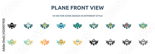 plane front view icon in 18 different styles such as thin line, thick line, two color, glyph, colorful, lineal color, detailed, stroke and gradient. set of plane front view vector for web, mobile,