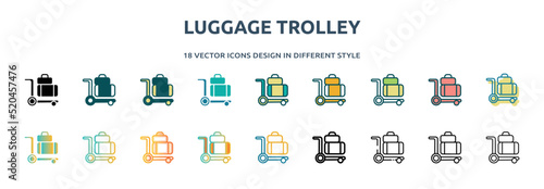 luggage trolley icon in 18 different styles such as thin line, thick line, two color, glyph, colorful, lineal color, detailed, stroke and gradient. set of luggage trolley vector for web, mobile, ui