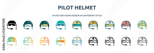 pilot helmet icon in 18 different styles such as thin line, thick line, two color, glyph, colorful, lineal color, detailed, stroke and gradient. set of pilot helmet vector for web, mobile, ui