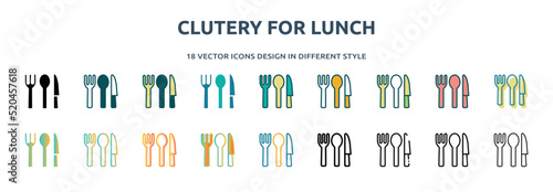 clutery for lunch icon in 18 different styles such as thin line, thick line, two color, glyph, colorful, lineal color, detailed, stroke and gradient. set of clutery for lunch vector for web, mobile, photo