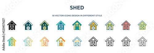 shed icon in 18 different styles such as thin line, thick line, two color, glyph, colorful, lineal color, detailed, stroke and gradient. set of shed vector for web, mobile, ui