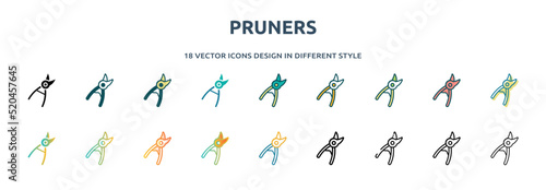 pruners icon in 18 different styles such as thin line, thick line, two color, glyph, colorful, lineal color, detailed, stroke and gradient. set of pruners vector for web, mobile, ui