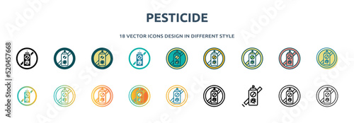 pesticide icon in 18 different styles such as thin line, thick line, two color, glyph, colorful, lineal color, detailed, stroke and gradient. set of pesticide vector for web, mobile, ui