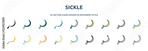 sickle icon in 18 different styles such as thin line, thick line, two color, glyph, colorful, lineal color, detailed, stroke and gradient. set of sickle vector for web, mobile, ui