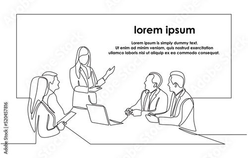 Continuous one line drawing of woman explaining graphic of marketing executive with group of business people discussing in conference room. Creative business team brainstorming project in doodle style