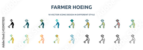 farmer hoeing icon in 18 different styles such as thin line, thick line, two color, glyph, colorful, lineal color, detailed, stroke and gradient. set of farmer hoeing vector for web, mobile, ui