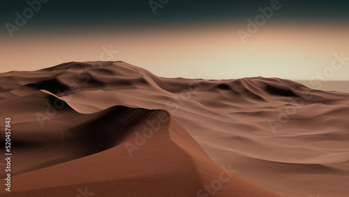 Rolling Sand Dunes form a Beautiful Desert Landscape. Sunrise Background with Warm Gradient Starry Sky.