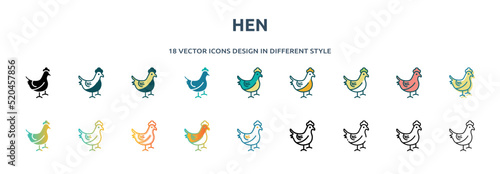hen icon in 18 different styles such as thin line, thick line, two color, glyph, colorful, lineal color, detailed, stroke and gradient. set of hen vector for web, mobile, ui