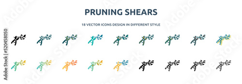 pruning shears icon in 18 different styles such as thin line, thick line, two color, glyph, colorful, lineal color, detailed, stroke and gradient. set of pruning shears vector for web, mobile, ui