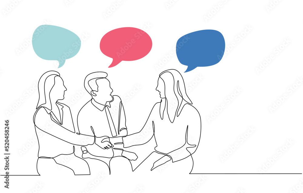 Continuous one line drawing of three business people chatting and discussing with speech bubbles. Happy Friends or Family meet with handshake and chat chat accompanied by speech bubbles in doodle styl Continuous one line drawing of three business people chatting and discussing with speech bubbles. Happy Friends or Family meet with handshake and chat chat accompanied by speech bubbles in doodle styl
