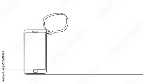 Continuous one line drawing of a chat messages on smartphone. Chat on mobile. send message and text with speech bubble, flat illustration vector of cell phone conversation in doodle style