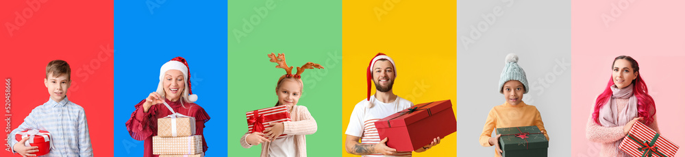 Collage of different people with Christmas gifts on color background Collage of different people with Christmas gifts on color background