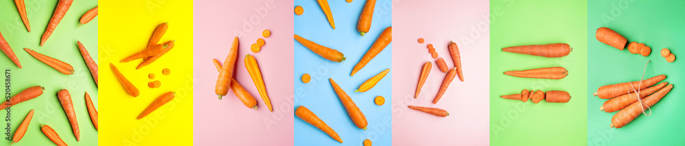 Set of fresh carrots on color background, top view
