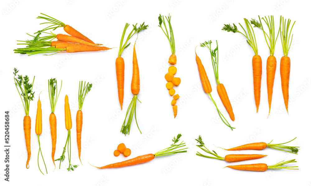 Set of fresh carrots isolated on white - obrazy, fototapety, plakaty 