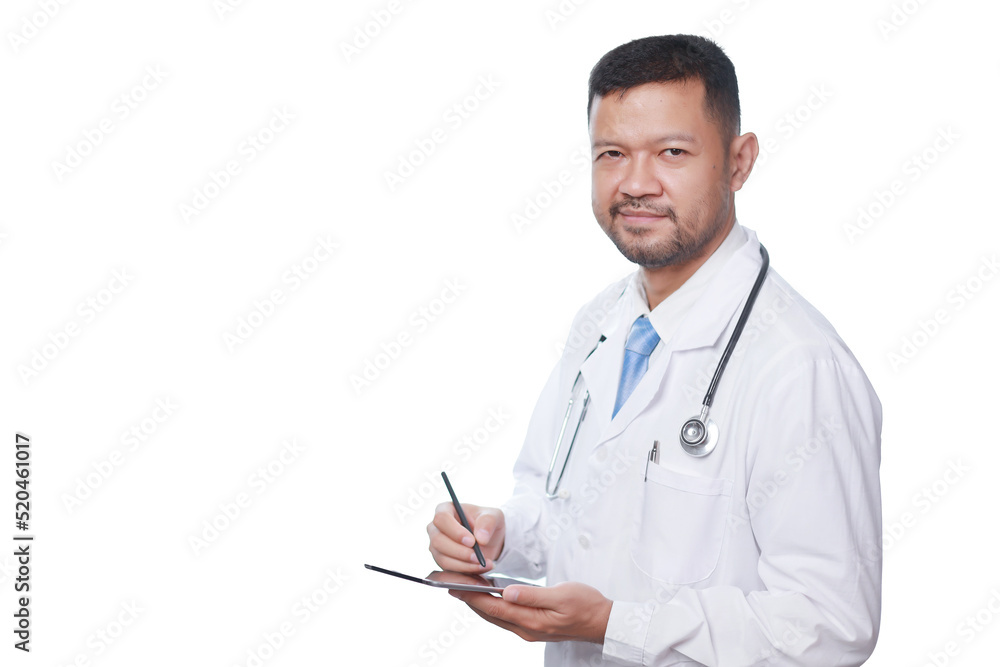 handsome man Doctor on white background ,smart doctor with stethoscope wear mask at hospital or clinic,Handsome doctor in lab coat using tablet computer in clinic. handsome man Doctor on white background ,smart doctor with stethoscope wear mask at hospital or clinic,Handsome doctor in lab coat using tablet computer in clinic.