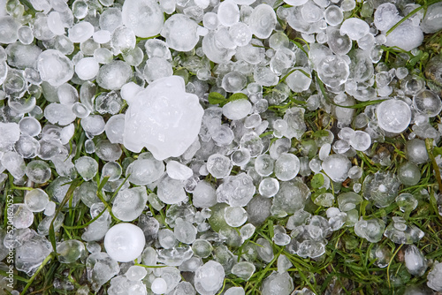 Hail in grass after hail storm photo