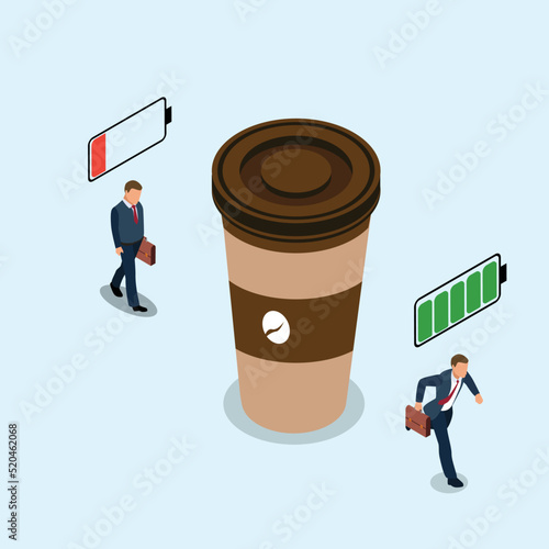 Business man has low energy before coffee and has full energy after drinking coffee