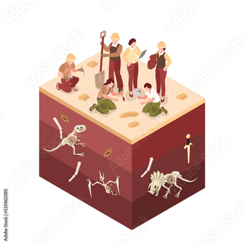 Group of archeologists try to find dinosaur bones underground using equipment 3d vector illustration