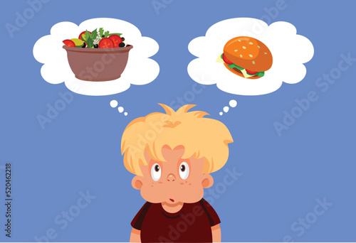 Overweight Child Thinking about Eating Healthy Vector Cartoon. Little boy suffering from childhood obesity deciding what to ear
