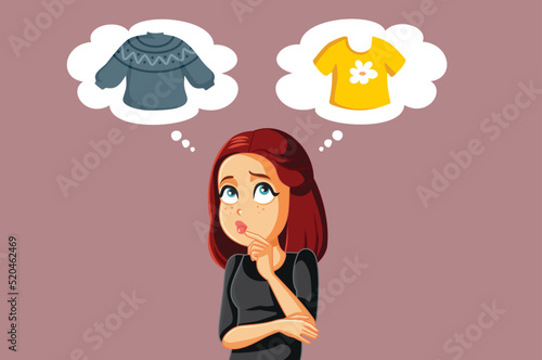 Young Woman Thinking about Wearing a Sweater or a Shirt. Fashion girl deciding what to wear on warm or cold weather season


